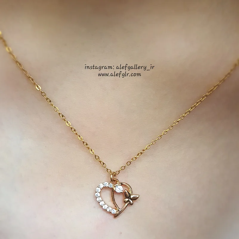 گردنبند قلب و پروانه نگین کاری شده کد 250174